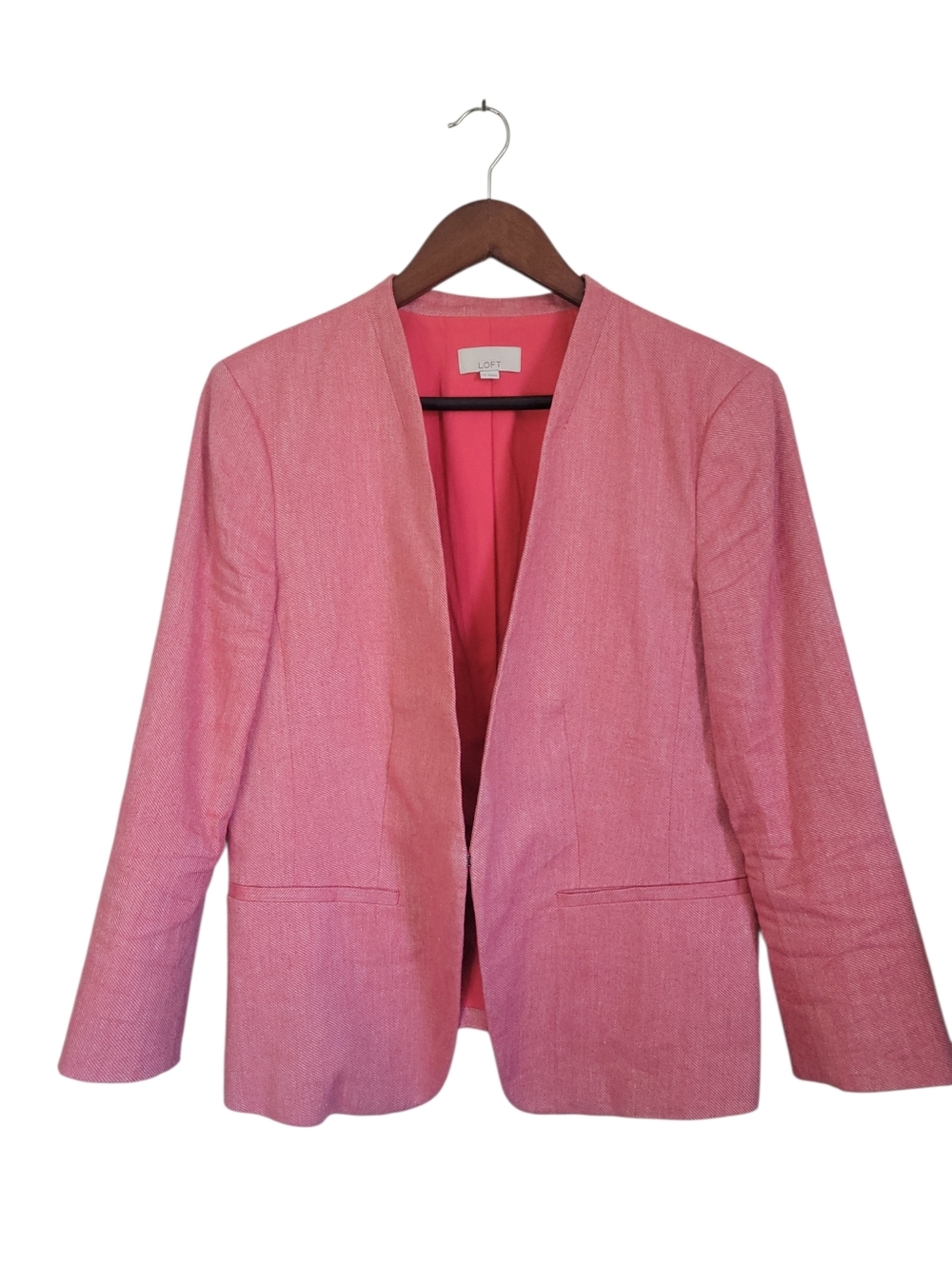 LOFT Rose Pink Linen Blend Collarless Blazer Tailored Peplum Work Jacket Size 12